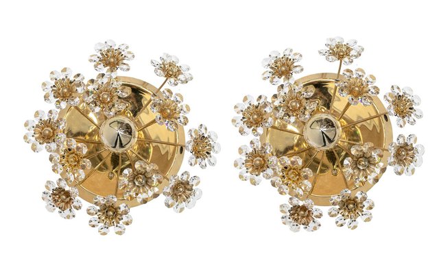 Germany Palwa Flower Wall Sconces in Faceted Crystals & Brass, 1960, Set of 2-DEK-1177866