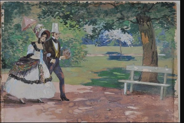 Géza Farago, Young Couple in the Park, Watercolor, 1890s-1910s-QOR-2023395