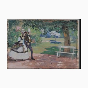 Géza Farago, Young Couple in the Park, Watercolor, 1890s-1910s-QOR-2023395