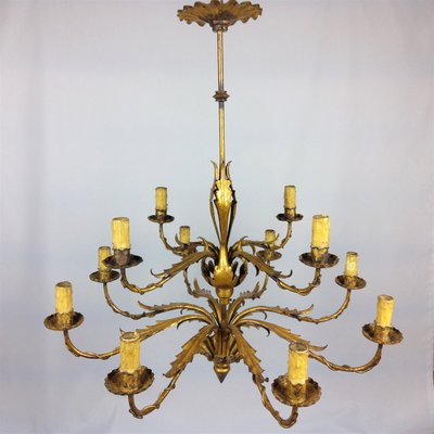 Gilded 12-Arm Chandelier Decorated with Leaves, 1940s-YBU-883250