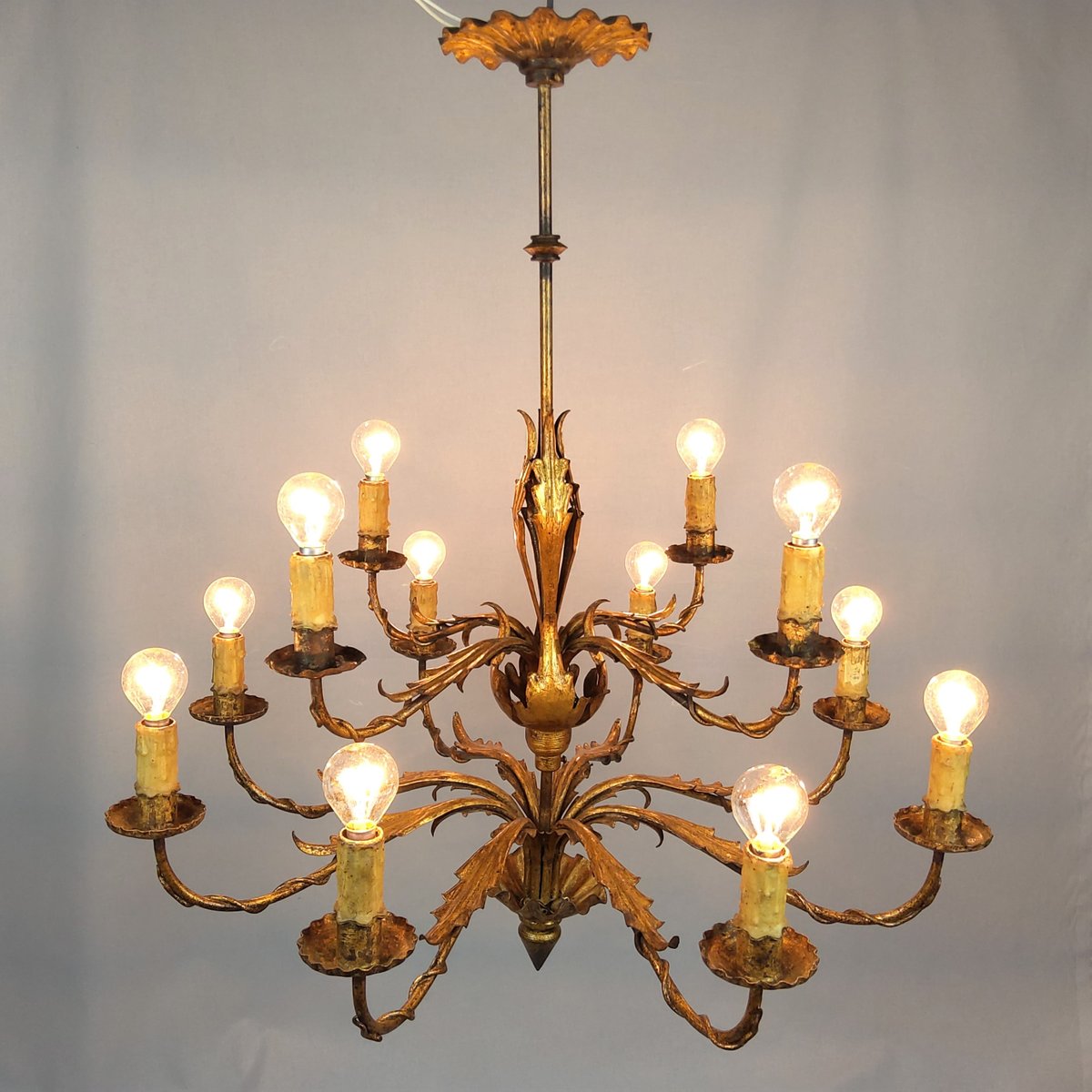 Gilded 12-Arm Chandelier Decorated with Leaves, 1940s