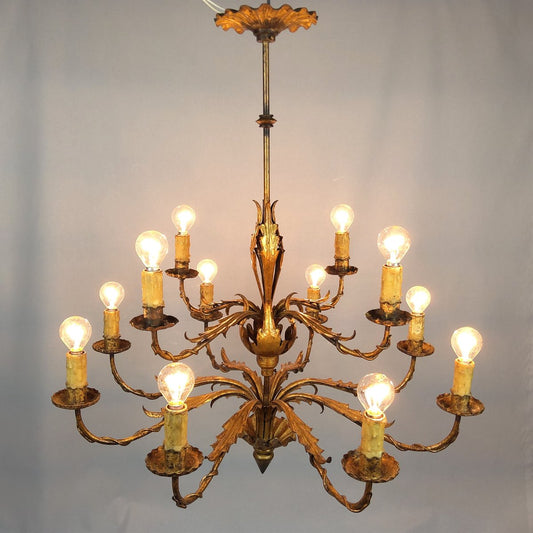 Gilded 12-Arm Chandelier Decorated with Leaves, 1940s