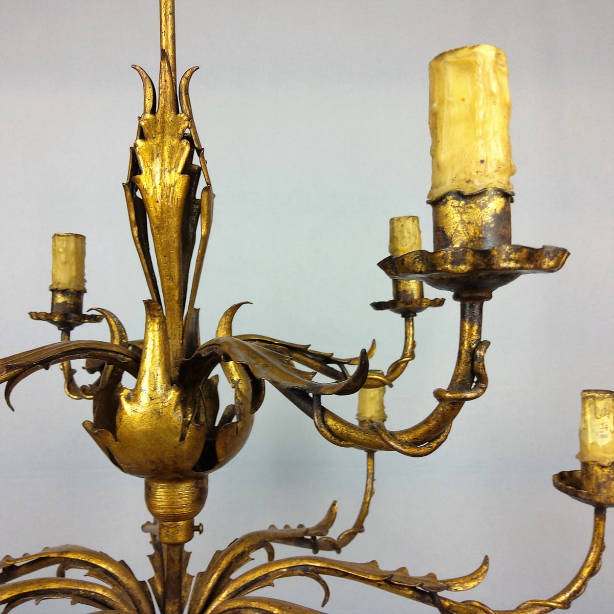 Gilded 12-Arm Chandelier Decorated with Leaves, 1940s