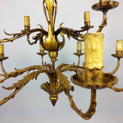 Gilded 12-Arm Chandelier Decorated with Leaves, 1940s-YBU-883250