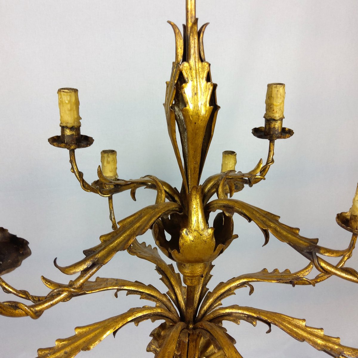 Gilded 12-Arm Chandelier Decorated with Leaves, 1940s