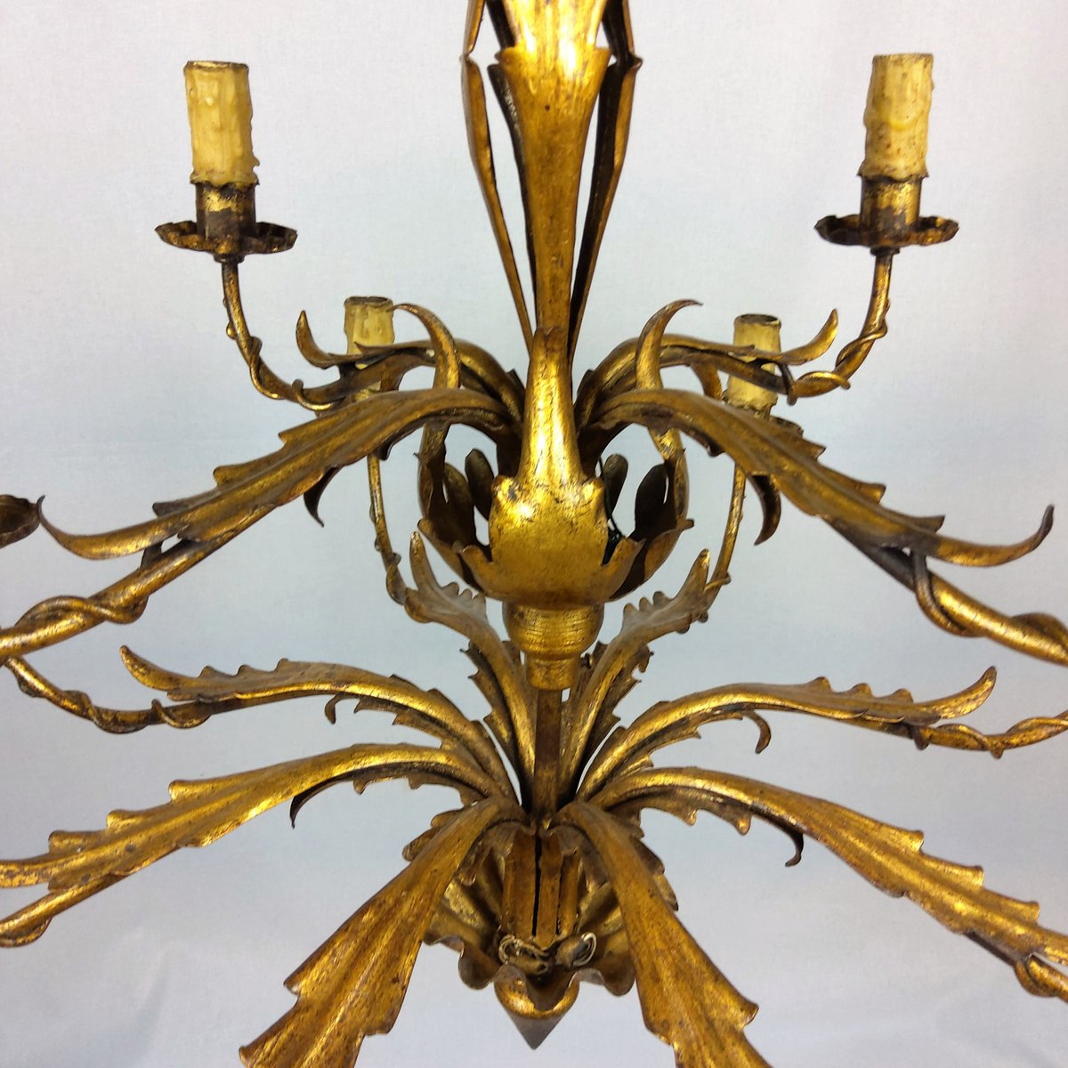 Gilded 12-Arm Chandelier Decorated with Leaves, 1940s