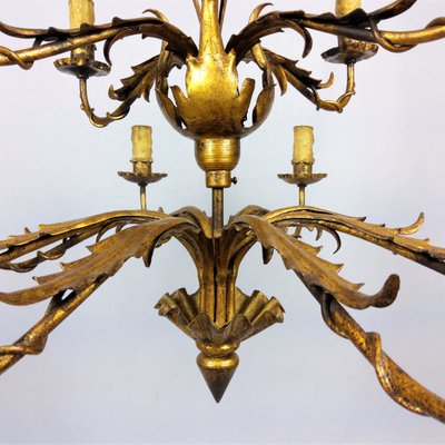 Gilded 12-Arm Chandelier Decorated with Leaves, 1940s-YBU-883250