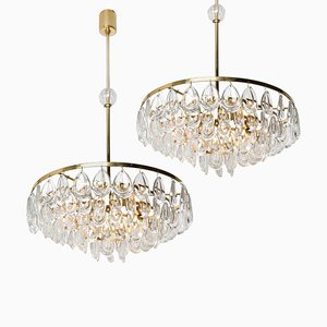 Gilded Brass and Faceted Crystal Chandeliers by Palwa, 1960s, Set of 2-VDW-860202