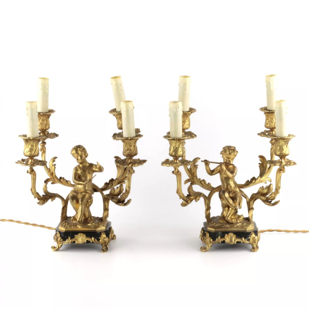 Gilded Bronze Lamp with Cupids Playing Music, Set of 2