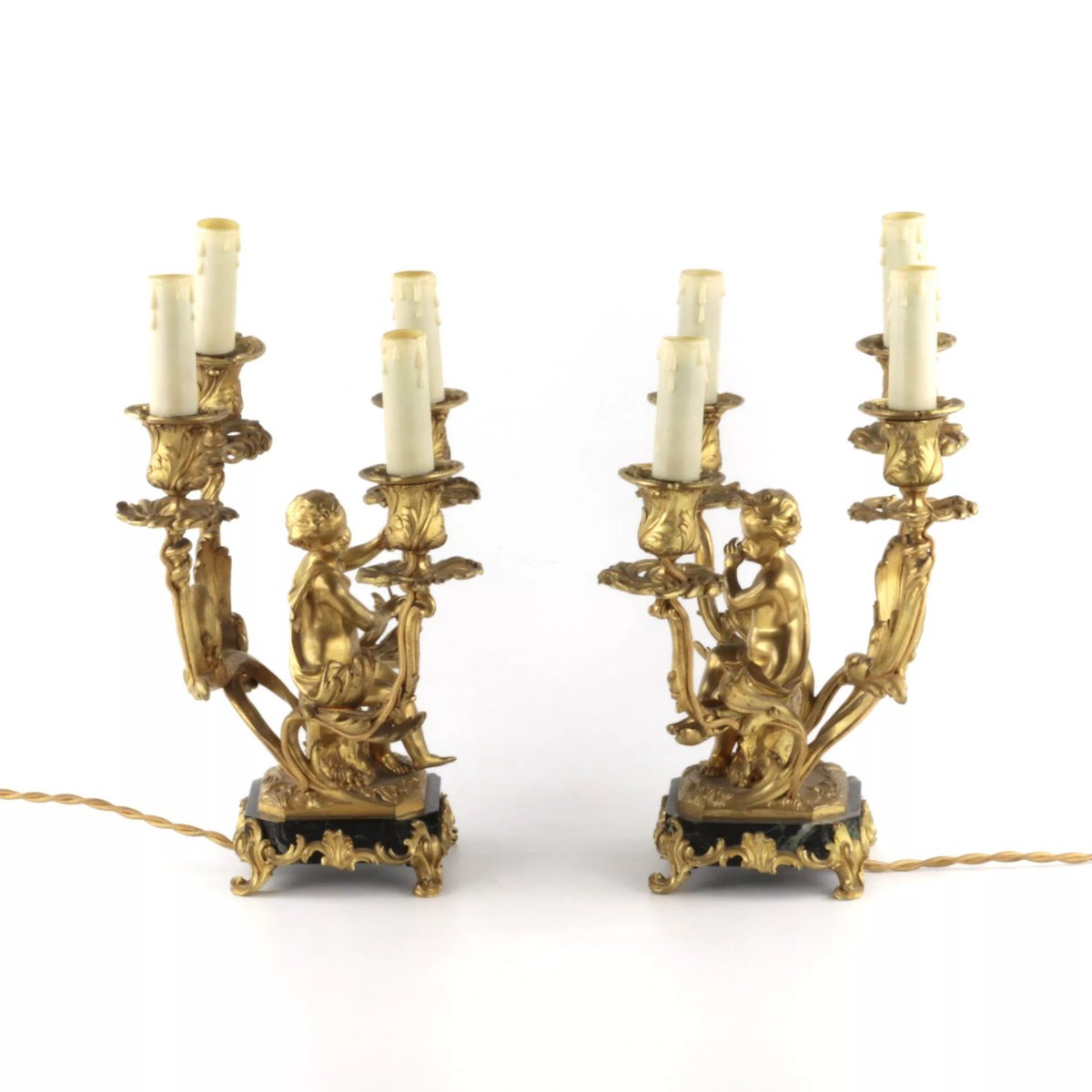 Gilded Bronze Lamp with Cupids Playing Music, Set of 2