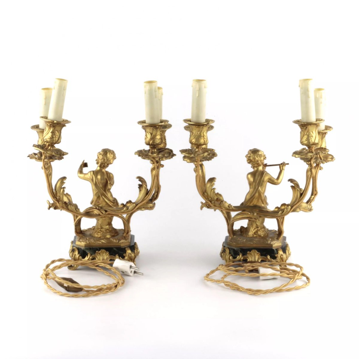 Gilded Bronze Lamp with Cupids Playing Music, Set of 2