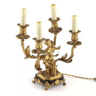 Gilded Bronze Lamp with Cupids Playing Music, Set of 2