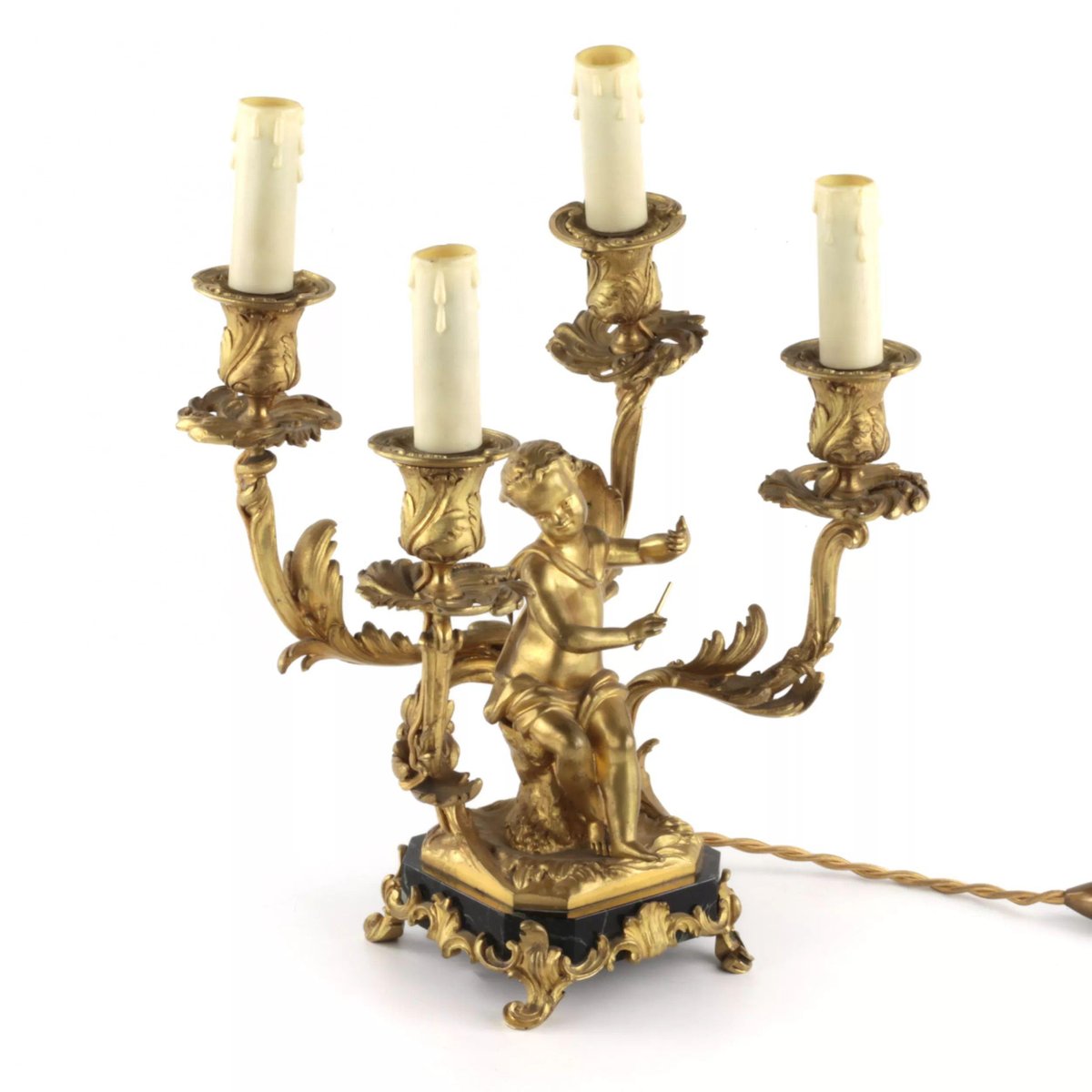 Gilded Bronze Lamp with Cupids Playing Music, Set of 2