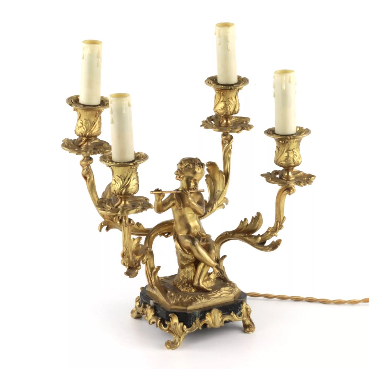 Gilded Bronze Lamp with Cupids Playing Music, Set of 2