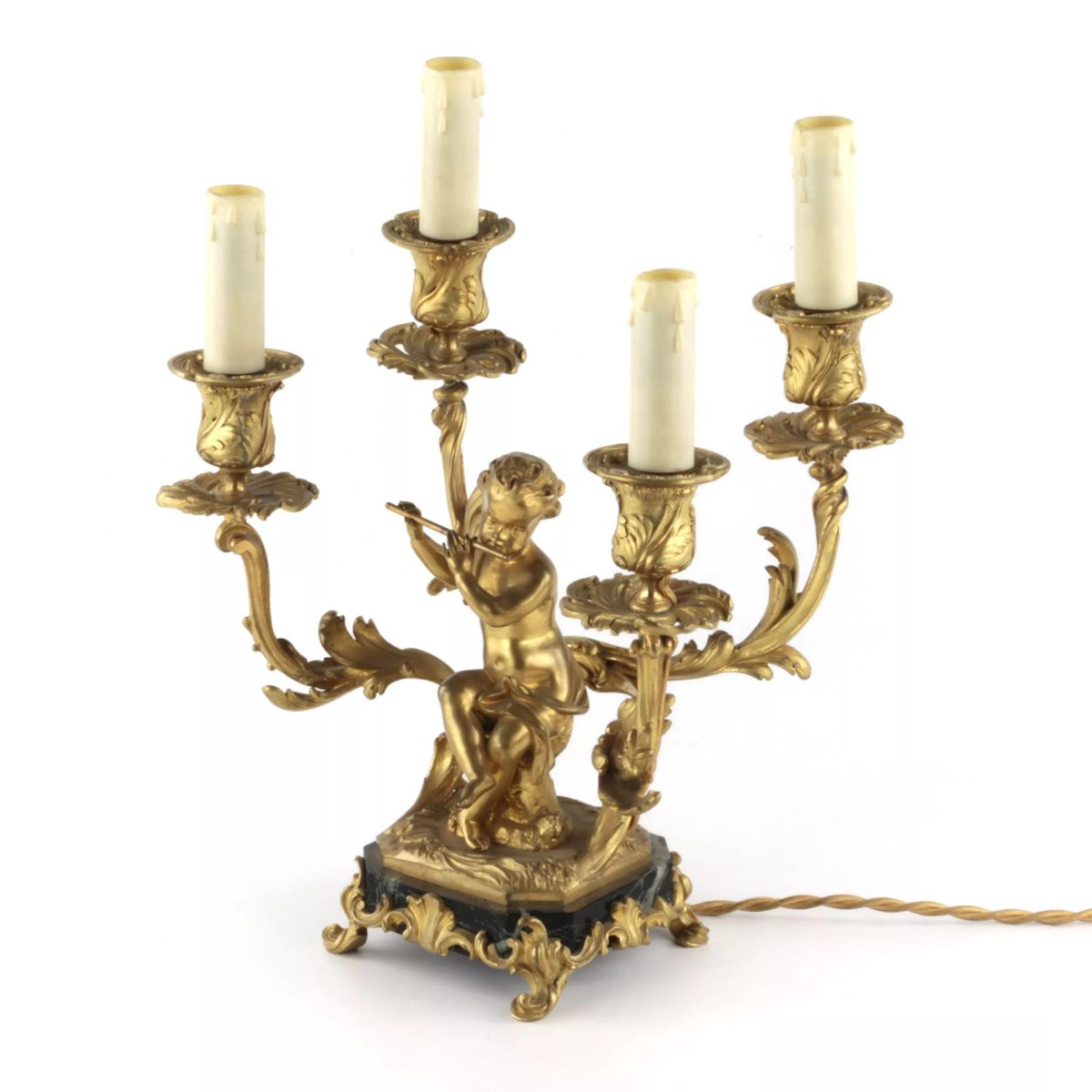 Gilded Bronze Lamp with Cupids Playing Music, Set of 2