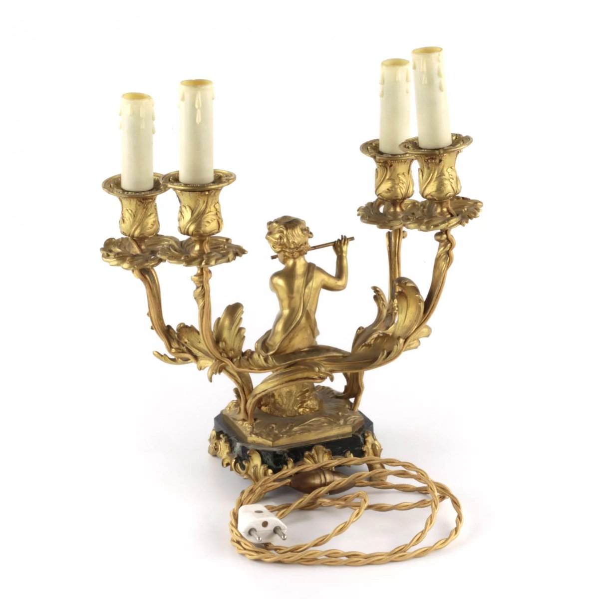 Gilded Bronze Lamp with Cupids Playing Music, Set of 2