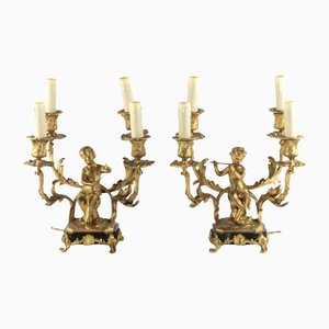 Gilded Bronze Lamp with Cupids Playing Music, Set of 2-WMV-1129888