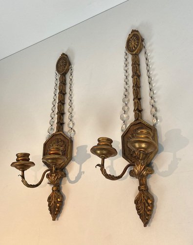 Gilded Carved Wood Sconces with Crystal Garlands, 1940s, Set of 2