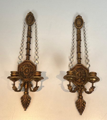 Gilded Carved Wood Sconces with Crystal Garlands, 1940s, Set of 2