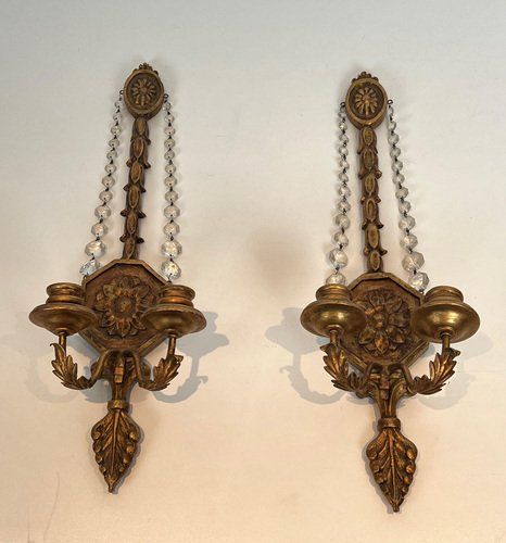 Gilded Carved Wood Sconces with Crystal Garlands, 1940s, Set of 2