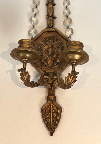 Gilded Carved Wood Sconces with Crystal Garlands, 1940s, Set of 2