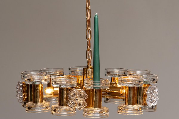 Gilded Chandelier with Ten Candlesticks and Five Screw Bulbs from Orrefors, 1970s-JE-869393