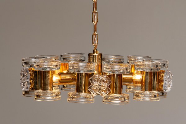 Gilded Chandelier with Ten Candlesticks and Five Screw Bulbs from Orrefors, 1970s-JE-869393