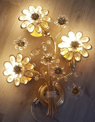 Gilded Crystal Flowers Wall Lamp from Palwa, 1970s, Set of 2-QDP-1323806