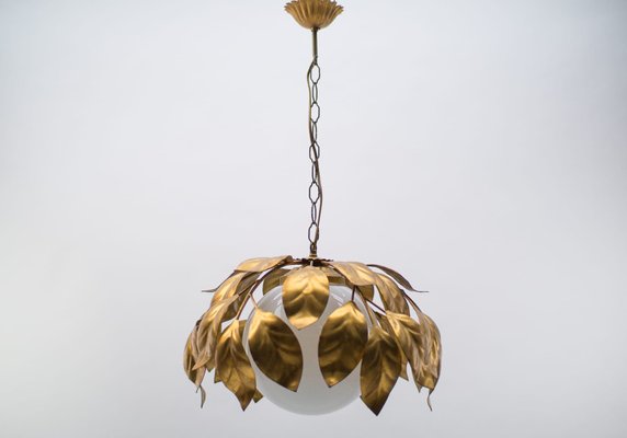 Gilded Florentine Ceiling Lamp with Opaline Glass Globe Shade, 1960s-KQB-1071352