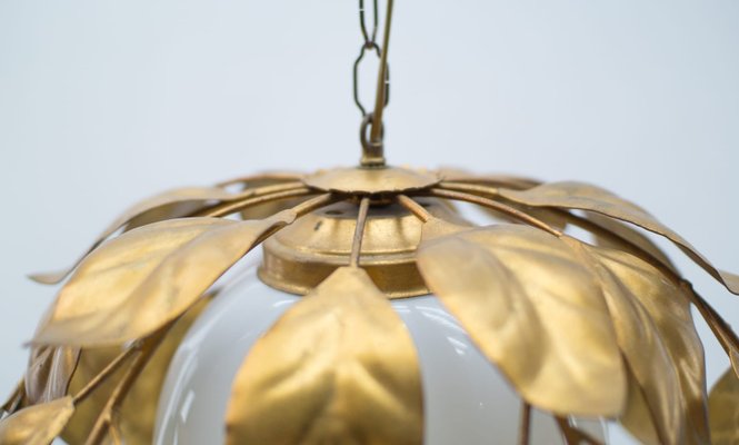 Gilded Florentine Ceiling Lamp with Opaline Glass Globe Shade, 1960s-KQB-1071352