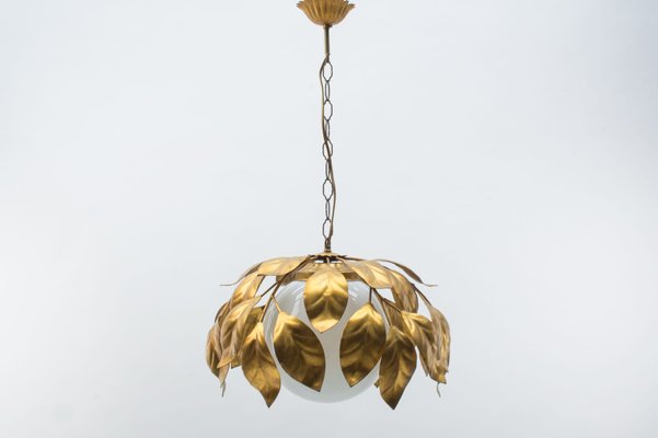 Gilded Florentine Ceiling Lamp with Opaline Glass Globe Shade, 1960s-KQB-1071352