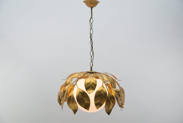 Gilded Florentine Ceiling Lamp with Opaline Glass Globe Shade, 1960s-KQB-1071352