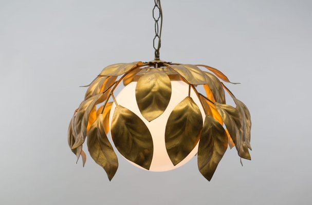 Gilded Florentine Ceiling Lamp with Opaline Glass Globe Shade, 1960s-KQB-1071352