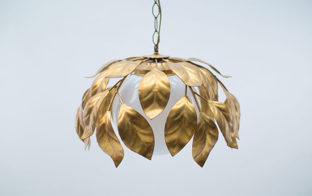 Gilded Florentine Ceiling Lamp with Opaline Glass Globe Shade, 1960s-KQB-1071352