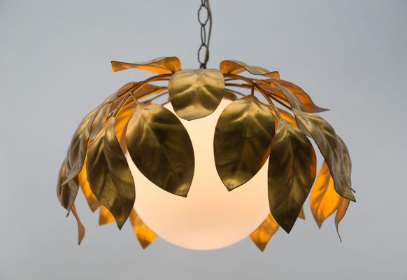 Gilded Florentine Ceiling Lamp with Opaline Glass Globe Shade, 1960s-KQB-1071352