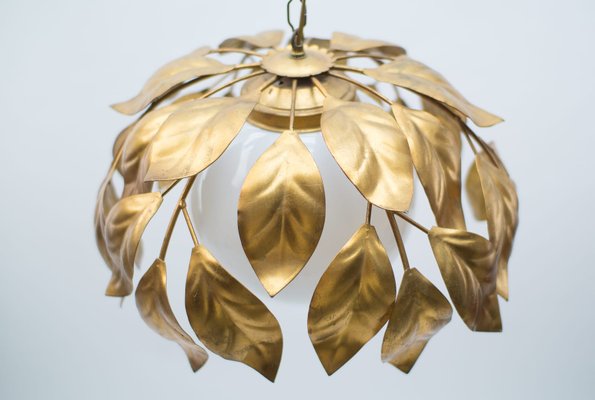 Gilded Florentine Ceiling Lamp with Opaline Glass Globe Shade, 1960s-KQB-1071352