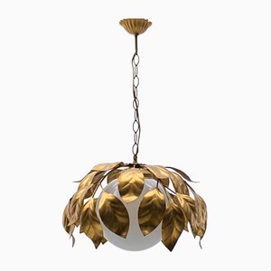 Gilded Florentine Ceiling Lamp with Opaline Glass Globe Shade, 1960s-KQB-1071352