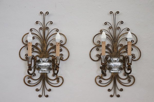 Gilded Iron and Crystal Sconces attributed to Maison Baguès, 1950s, Set of 2-DCO-2033892