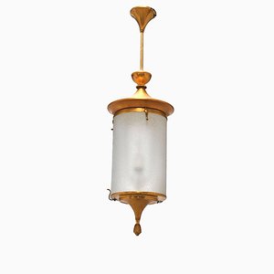 Gilded Metal and Golden Glass Lantern Ceiling Lamp by Lumi, 1950s-JQO-620990