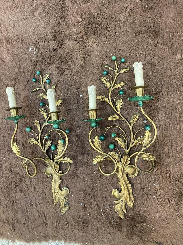 Gilded Metal and Lacquered Green Wall Lights in the style of Maison Baguès, 1950, Set of 2