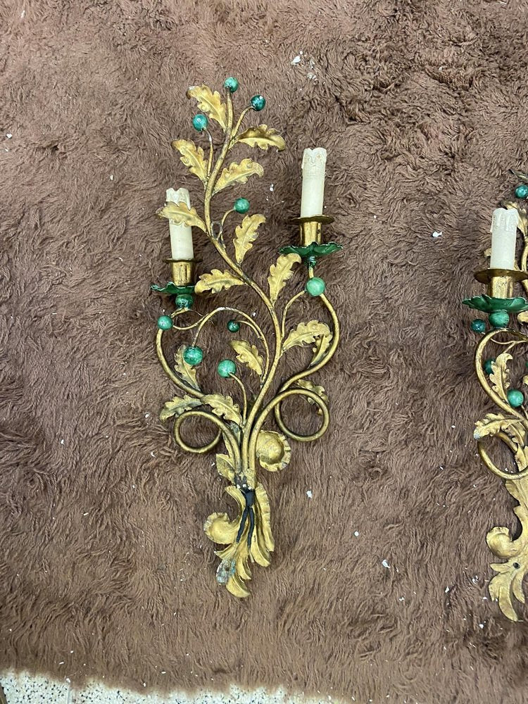 Gilded Metal and Lacquered Green Wall Lights in the style of Maison Baguès, 1950, Set of 2