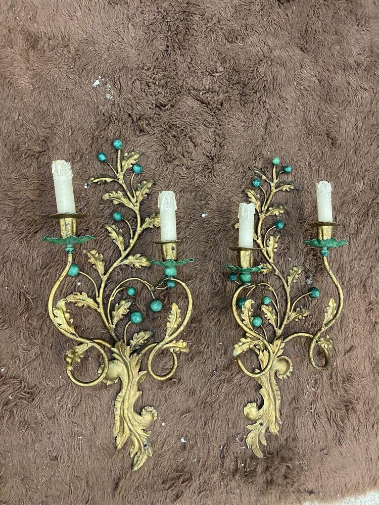 Gilded Metal and Lacquered Green Wall Lights in the style of Maison Baguès, 1950, Set of 2