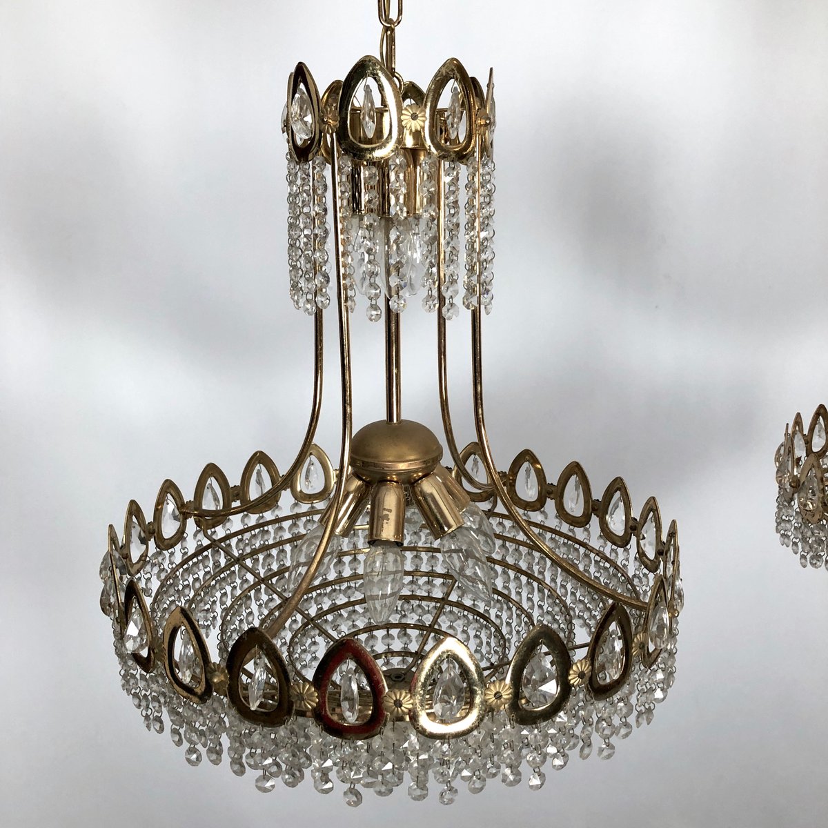 Gilt and Crystal Chandeliers from Sciolari, 1970s, Set of 2