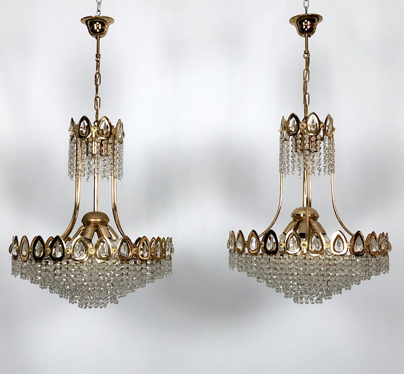 Gilt and Crystal Chandeliers from Sciolari, 1970s, Set of 2