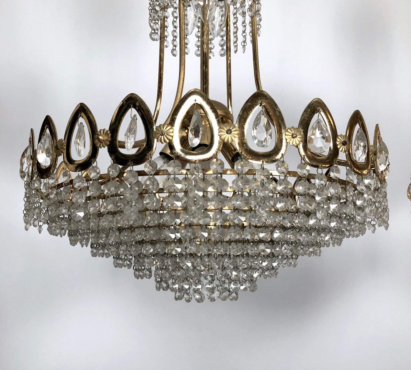 Gilt and Crystal Chandeliers from Sciolari, 1970s, Set of 2