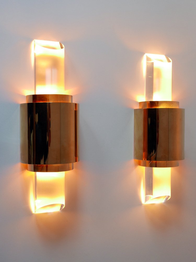 Gilt Brass & Acrylic Glass Wall Lights, Germany, 1980s, Set of 2