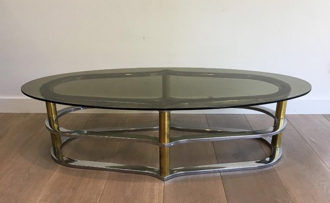 Gilt Brass and Chrome Coffee Table, France, 1960s-BA-658558