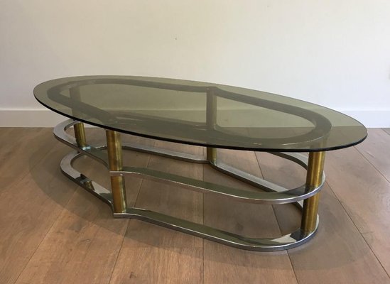 Gilt Brass and Chrome Coffee Table, France, 1960s-BA-658558