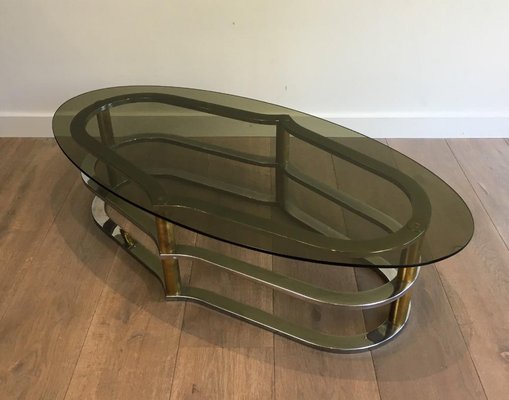 Gilt Brass and Chrome Coffee Table, France, 1960s-BA-658558