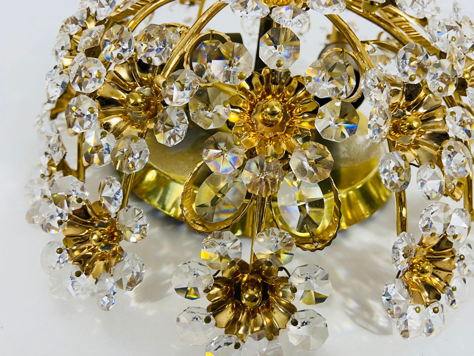 Gilt Brass and Crystal Glass Flush Mount from Palwa, Germany, 1970s